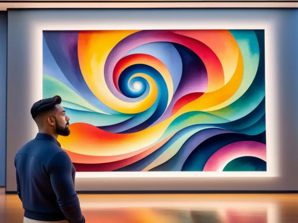 La imagen muestra a una persona contemplando una vibrante obra de arte abstracto en un museo, con una expresión de resonancia emocional y conexión