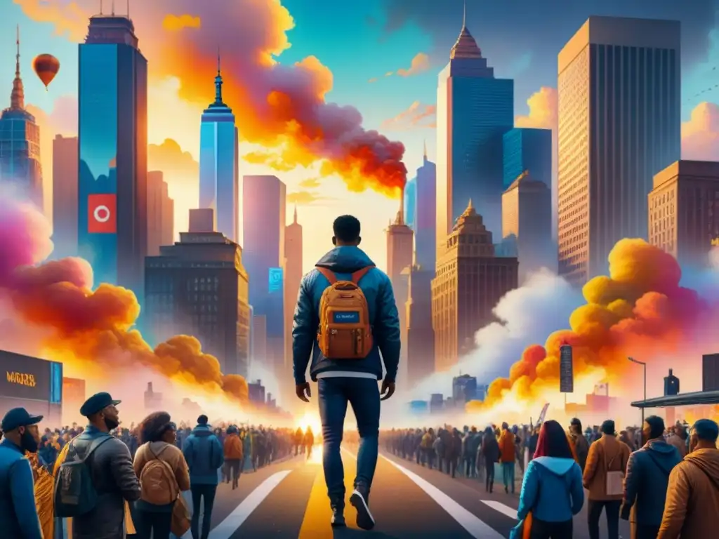 Una impactante acuarela de una ciudad vibrante llena de rascacielos, calles bulliciosas con murales coloridos y grupos diversos en protestas pacíficas