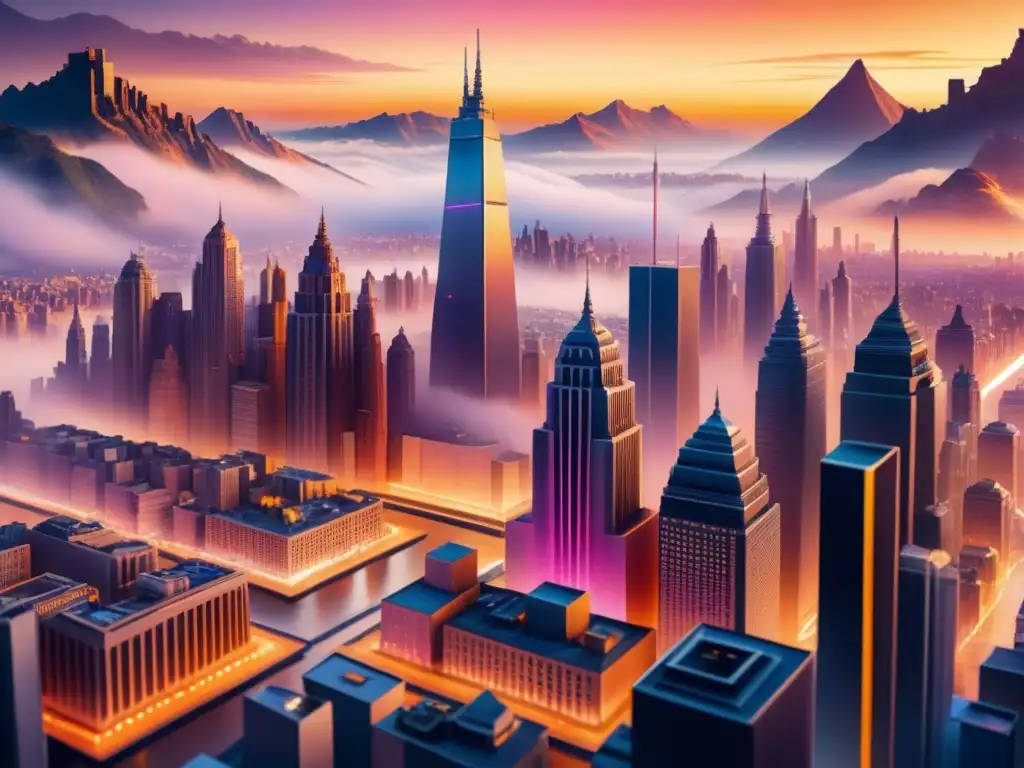 Una impactante ciudad futurista con diseños 3D y arte visual impresionante al atardecer