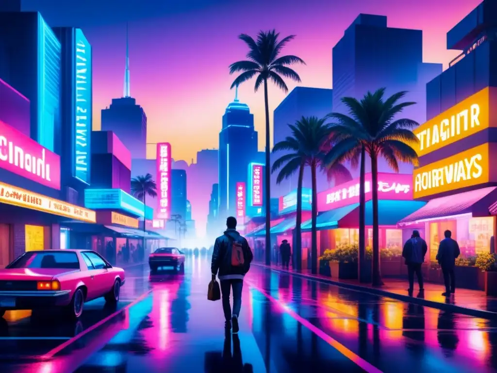 Impactante ilustración detallada en acuarela de una ciudad nocturna con estética Vaporwave