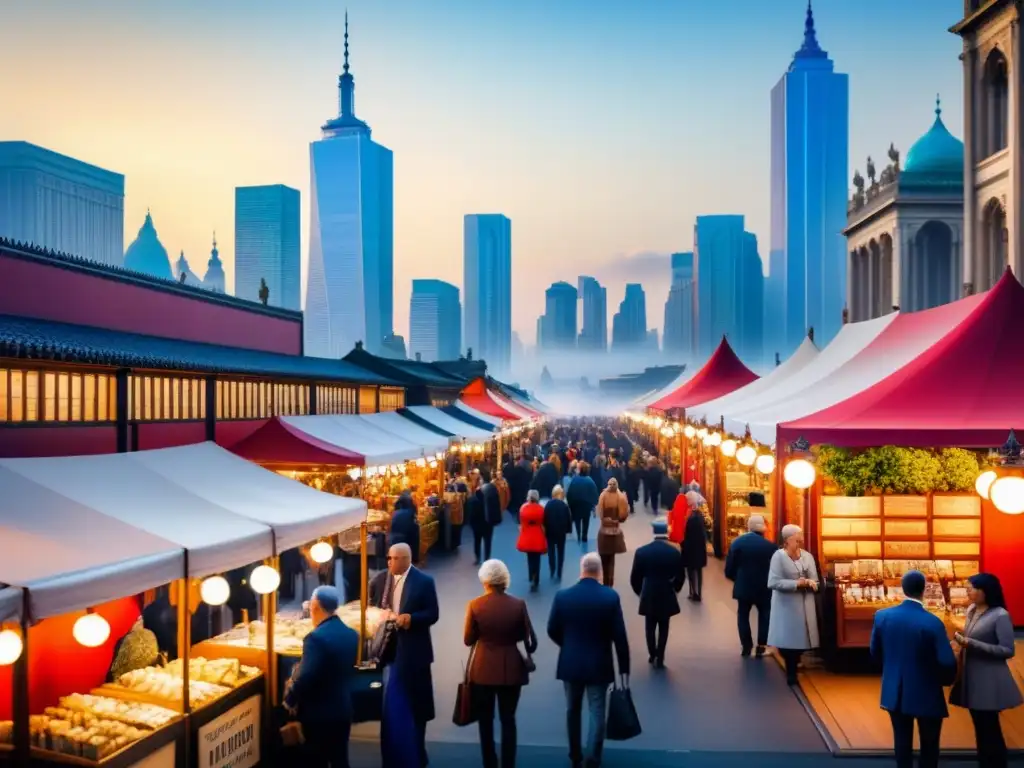 Una impactante feria de arte: vibrantes puestos, obras diversas, diálogos entre artistas y visitantes, y un skyline majestuoso