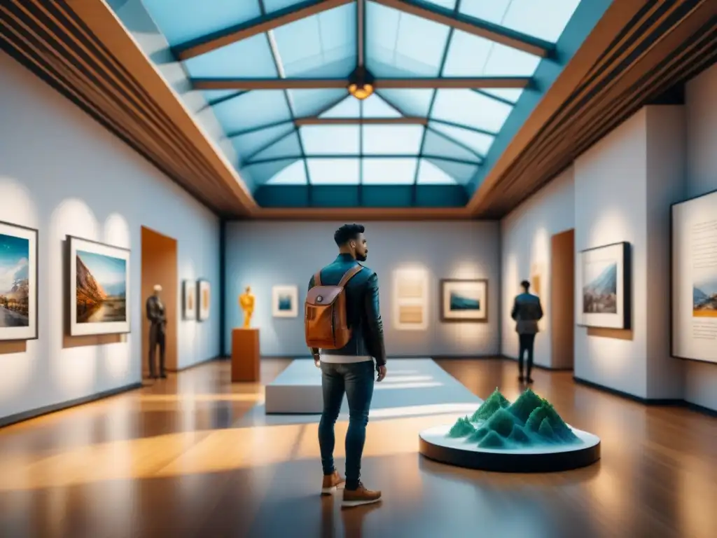 Impactante galería de arte futurista con esculturas 3D detalladas y diseños innovadores, iluminados por luz natural