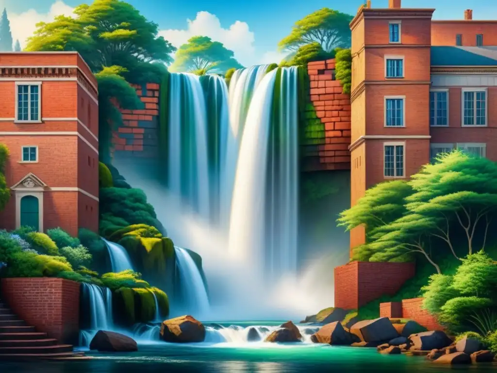 Una impactante pintura acuarela detallada de una pared de ladrillos con mural de cascada, fusionando con la arquitectura