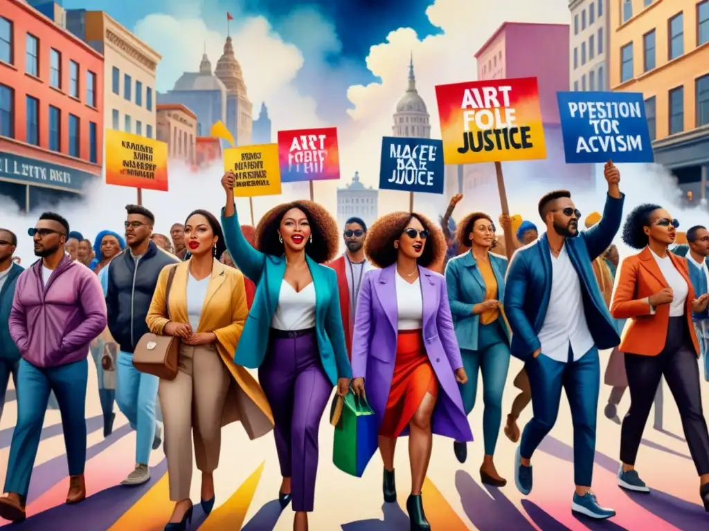Una impactante pintura acuarela que retrata una diversa manifestación de activistas unidos por el arte, la historia y la intersección cultural