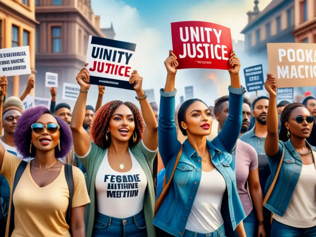 Pintura acuarela: diversidad y protesta por la justicia social Una impactante pintura acuarela de personas diversas unidas en protesta por la justicia social y el cambio político