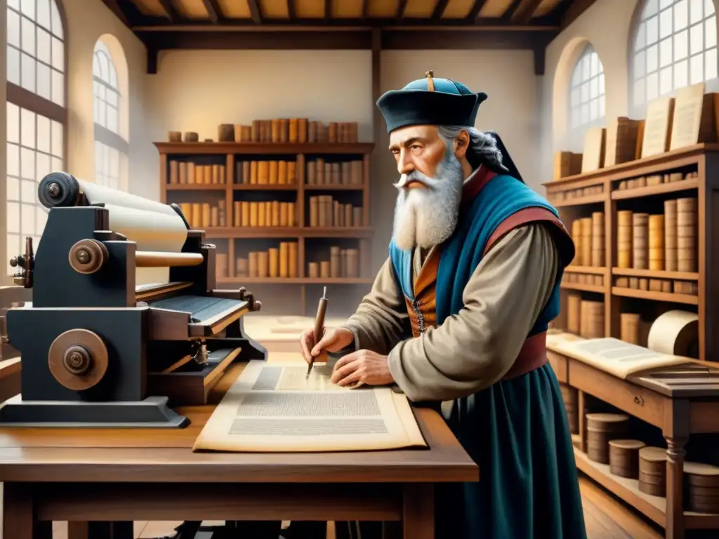 Impactante pintura acuarela de Johannes Gutenberg en su taller durante el Renacimiento, rodeado de prensas y páginas impresas