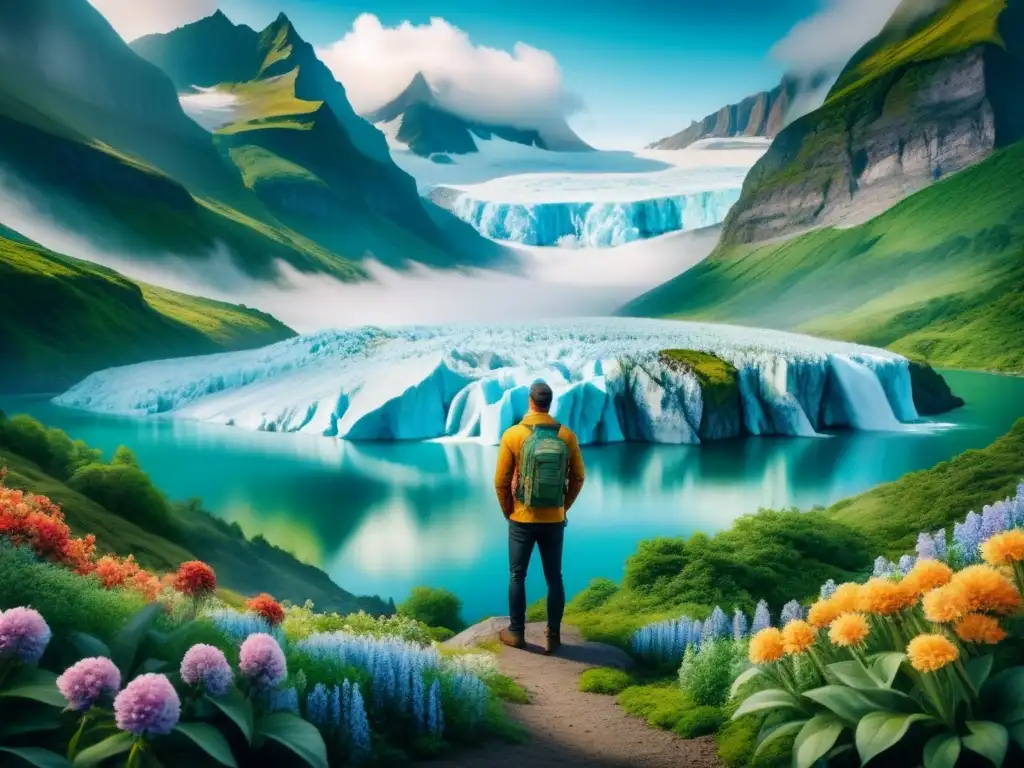 Una impactante pintura acuarela que representa un vasto glaciar derritiéndose, rodeado de exuberante vegetación y flores coloridas, simbolizando la influencia del cambio climático en arte contemporáneo
