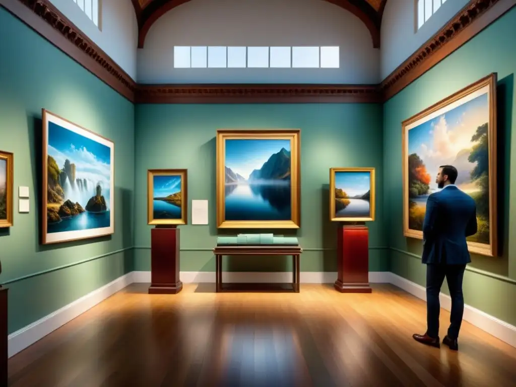 Crónica visual de una galería de arte en crisis económica Impacto de crisis económicas en arte: Galería histórica con obras valiosas retiradas y vendidas a precios bajos, ambiente sombrío