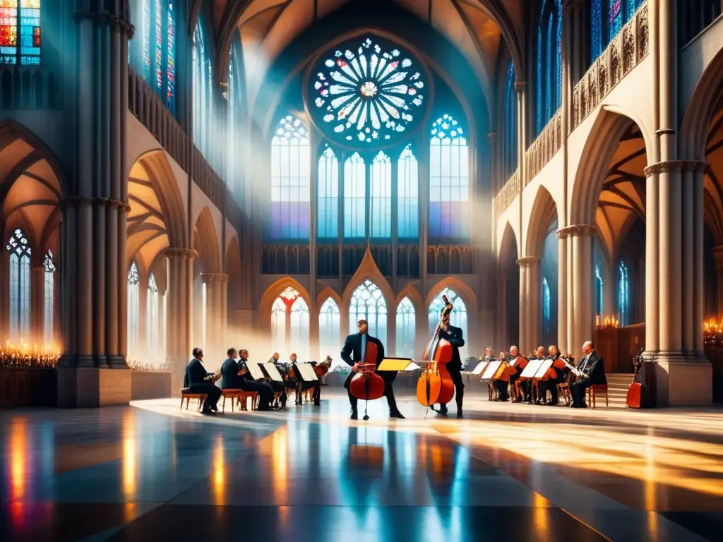 Impacto del Renacimiento en la Música: Una majestuosa catedral con músicos renacentistas creando música en un ambiente lleno de luz y color