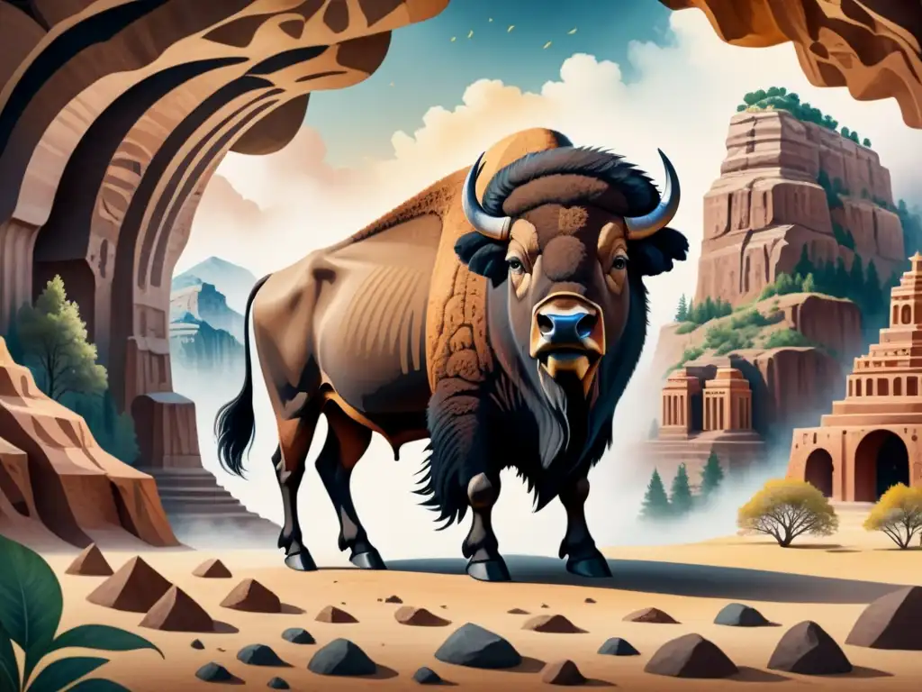 Potente búfalo en acuarela con arte rupestre Imponente búfalo en acuarela con símbolos en su pelaje, rodeado de arte rupestre con manos y formas geométricas