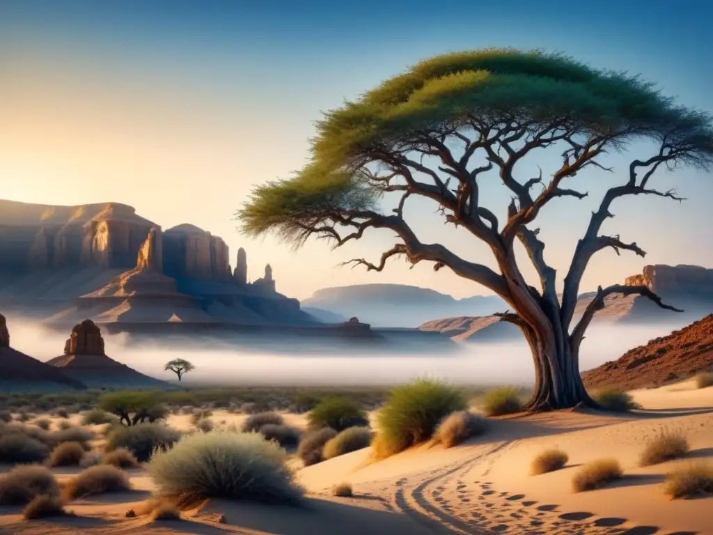 La importancia del espacio vacío en el arte espiritual: un desierto vasto y tranquilo, un árbol antiguo bajo un cielo azul claro