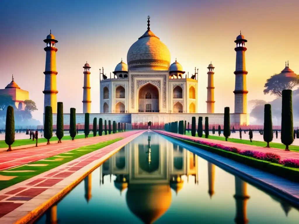 Una impresionante acuarela detallada del Taj Mahal al atardecer, fusionando arte visual, cultura india y religión en vibrantes colores y patrones