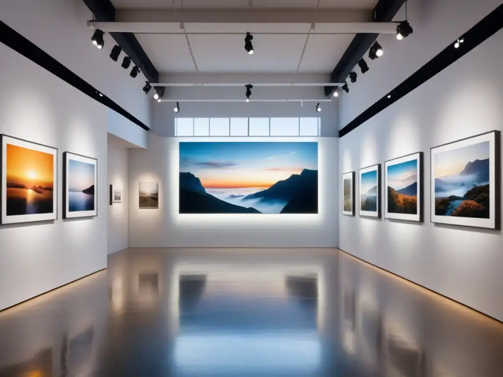 Un impresionante acuarela de una galería de arte moderno con fotografías vibrantes en paredes blancas