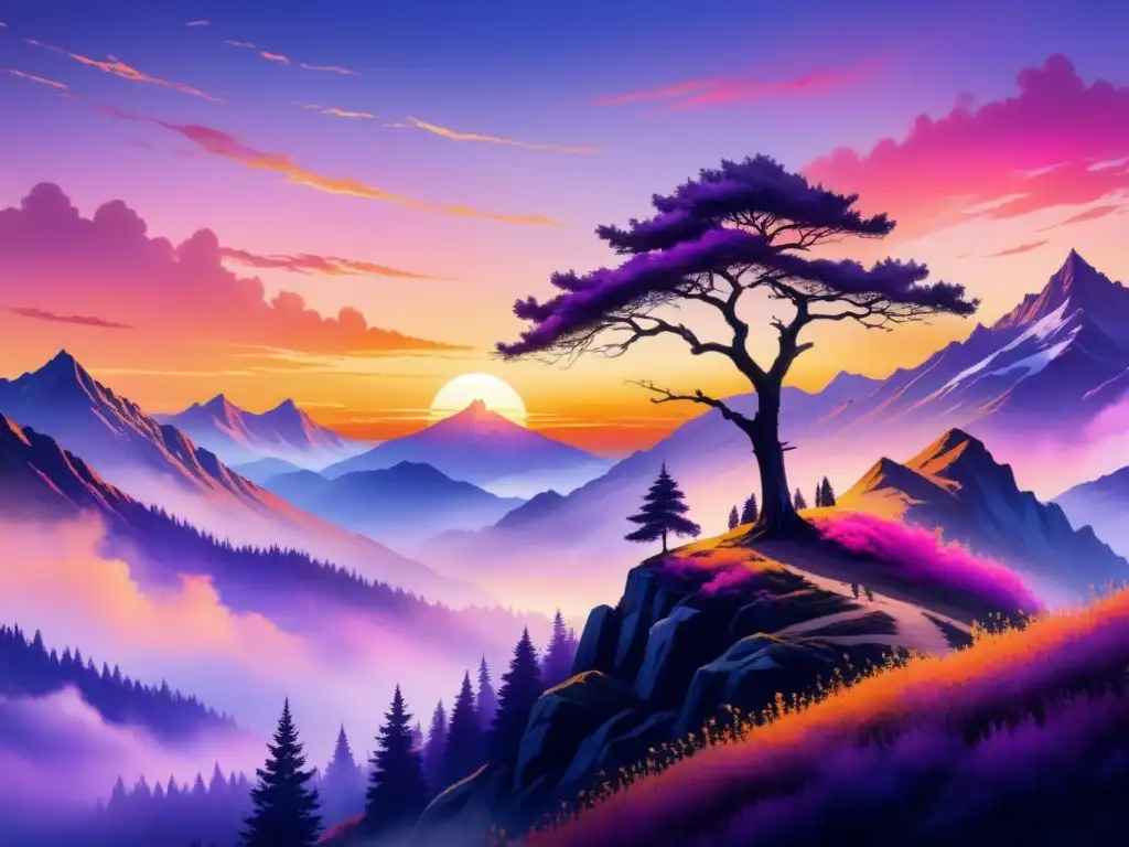 Impresionante ilustración acuarela de un atardecer sereno detrás de una majestuosa cordillera, resaltando la silueta de un árbol solitario