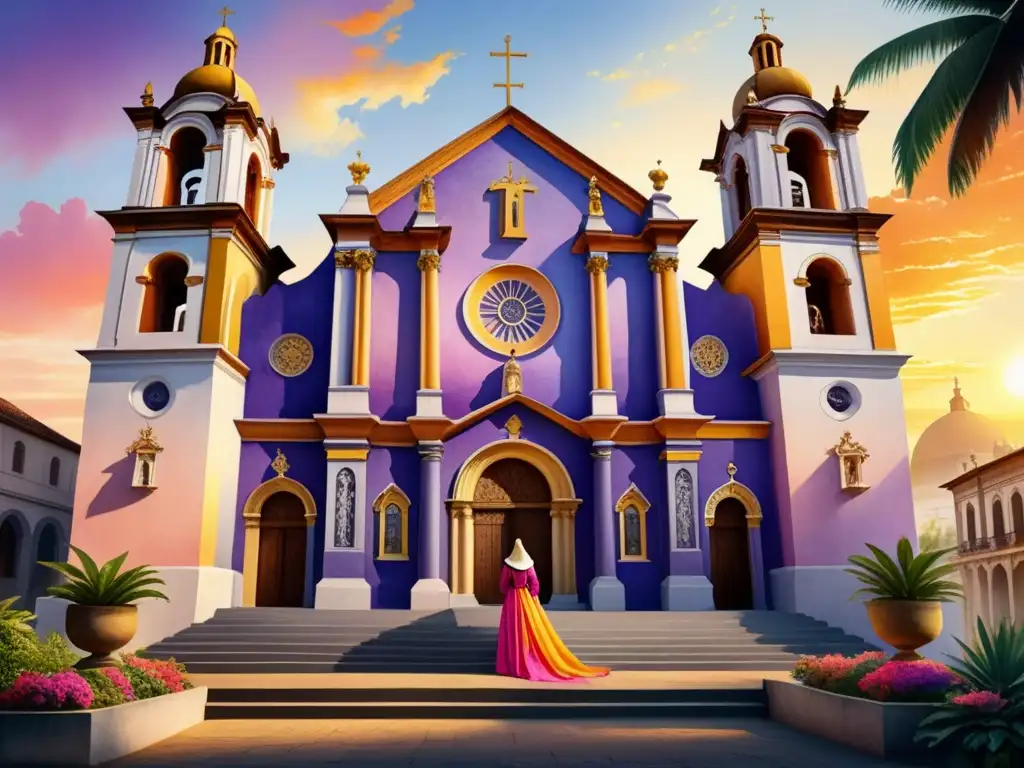 Impresionante iglesia barroca latinoamericana con detalles de piedra, dorados y frescos coloridos al atardecer