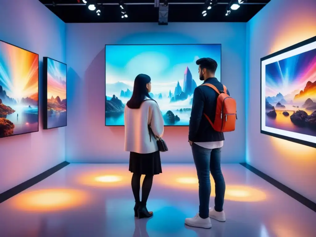 Un impresionante cuadro de acuarela que muestra una galería de arte futurista llena de instalaciones digitales inmersivas y exhibiciones holográficas