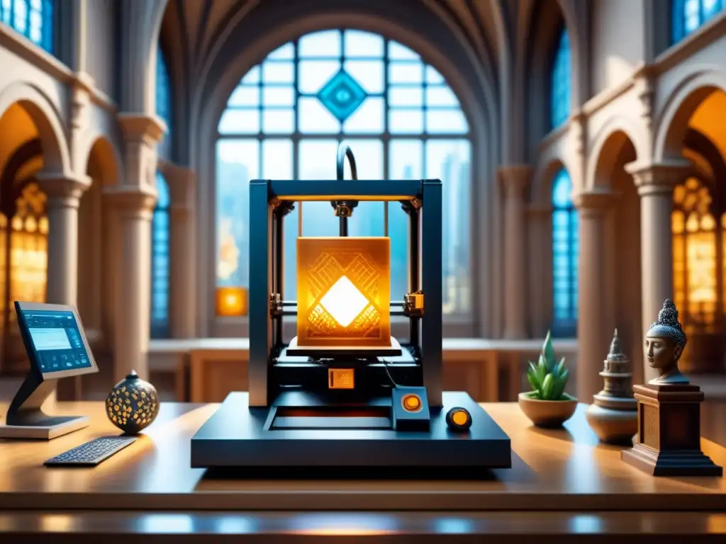 Esculturas artísticas y tecnología futurista en un museo grandioso Una impresionante escena de preservación del arte con impresión 3D en un museo lleno de historia y tecnología