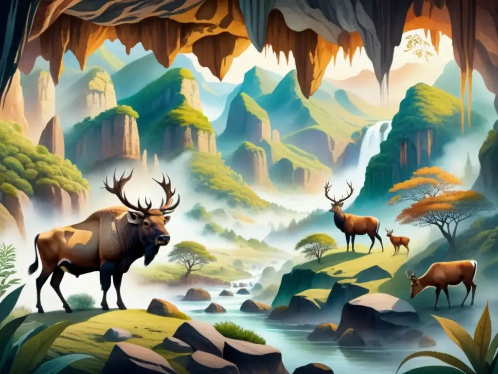 Cueva ancestral: pinturas de animales simbólicos Una impresionante ilustración detallada en acuarela de una extensa pared de cueva adornada con pinturas animales simbólicas e intrincadas
