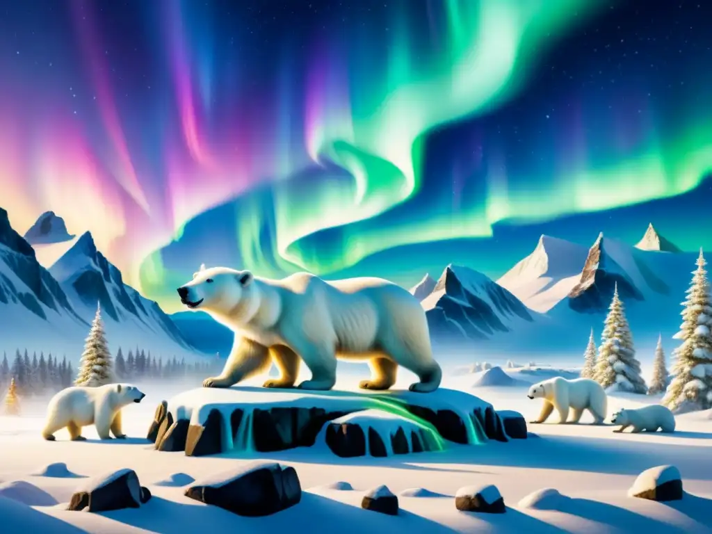 Impresionante jardín esculturas inuit bajo aurora boreal