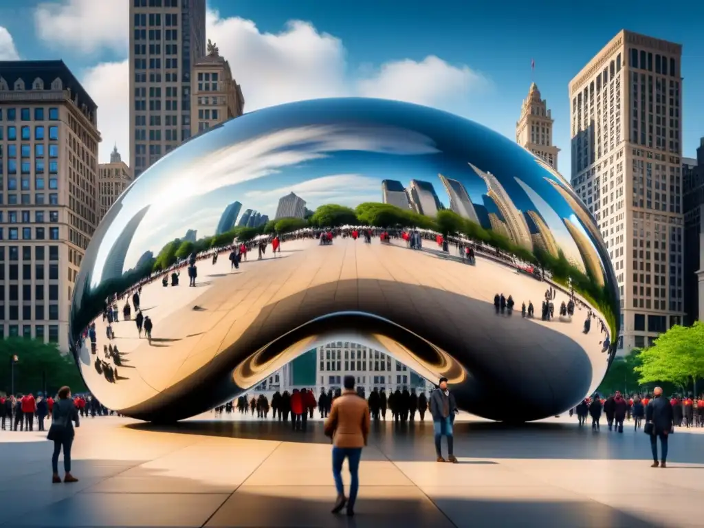 Impresionante pintura acuarela del 'Cloud Gate' en Chicago reflejando la ciudad y visitantes