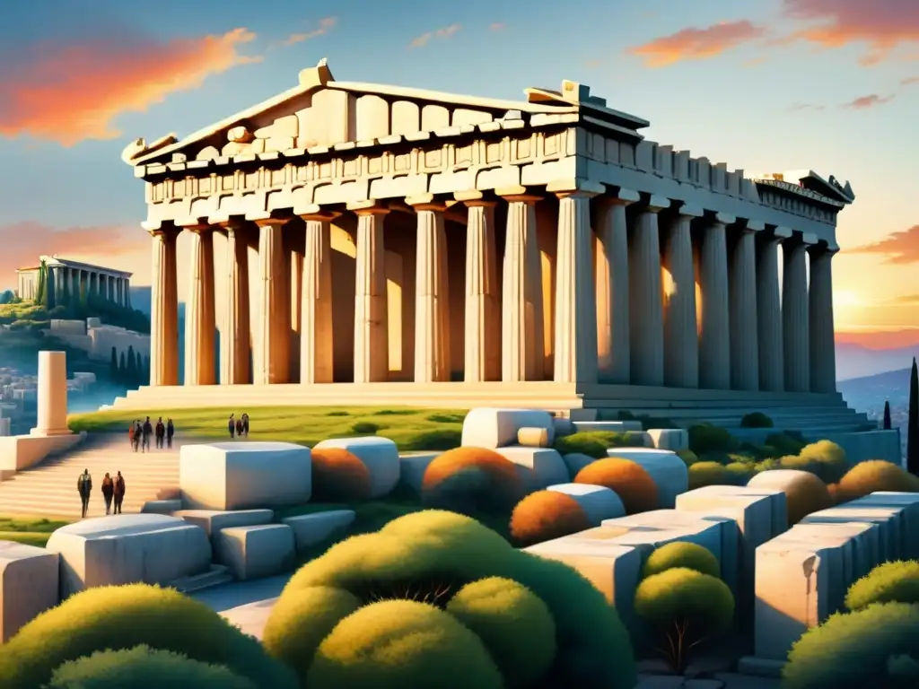 Impresionante pintura acuarela del Partenón en Atenas al atardecer