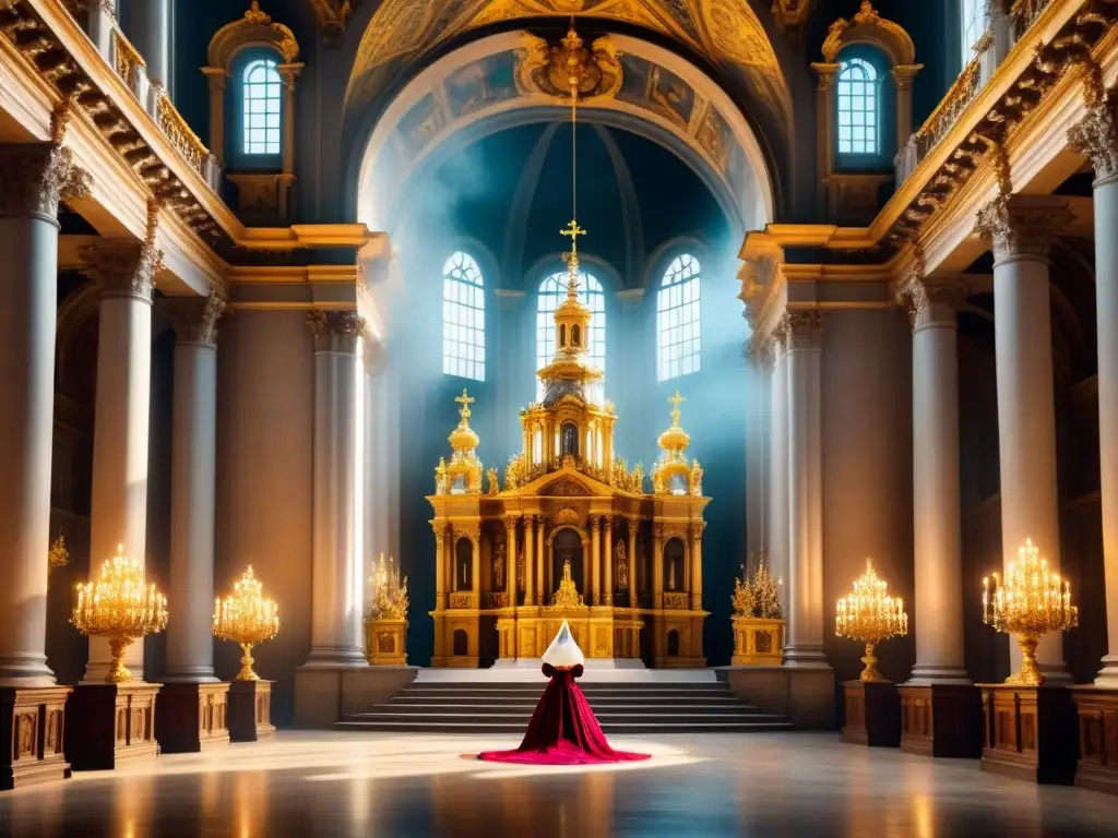 Impresionante pintura al agua de una iglesia barroca con detalles dorados y esculturas intrincadas, destacando las características del arte barroco