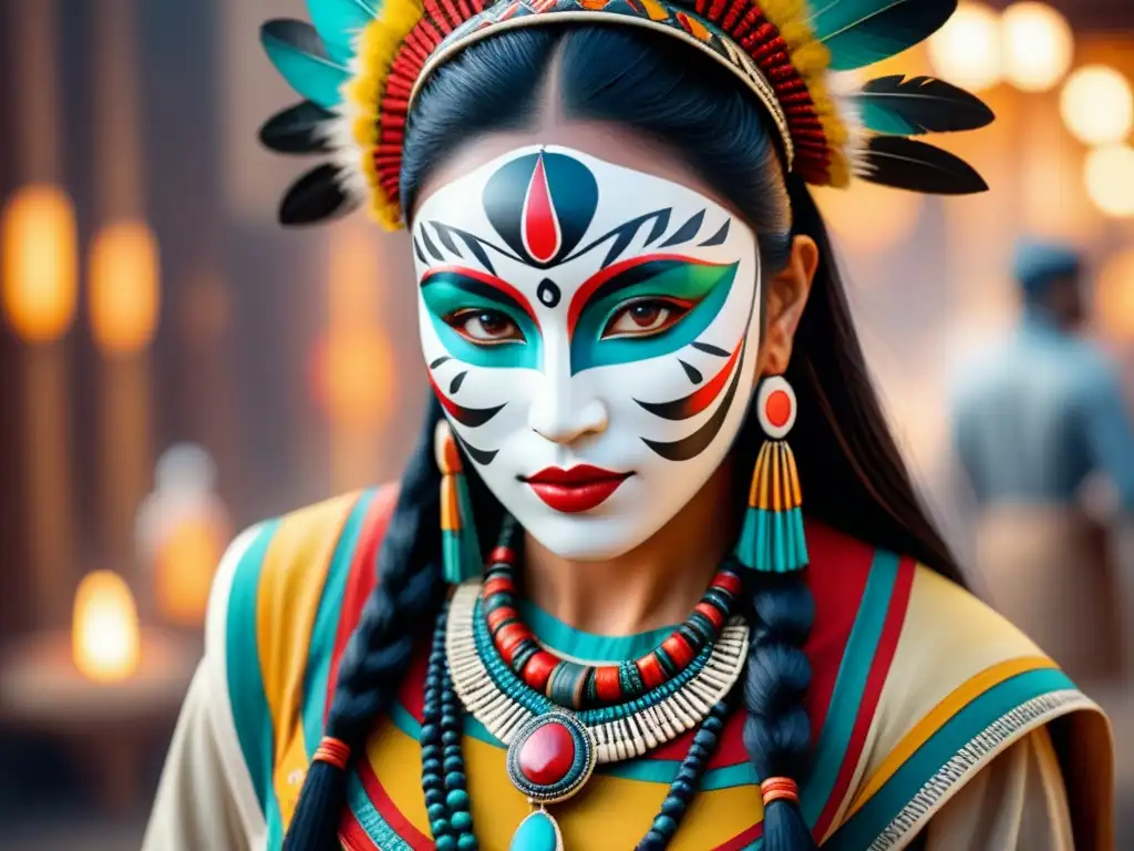 Exquisita exhibición de arte indígena: máscaras, textiles y cerámica Una impresionante pintura acuarela de arte indígena en subastas tendencia, exhibiendo máscaras, textiles y cerámica tradicional en una galería