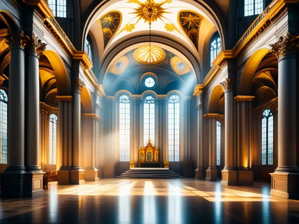 Impresionante pintura detallada de una catedral barroca, destacando frescos, detalles dorados y luz a través de vitrales