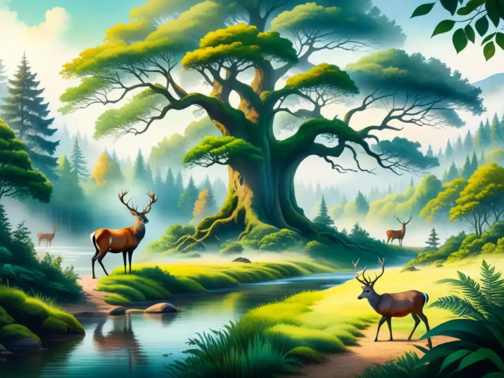 Una impresionante pintura acuarela de un exuberante y vibrante bosque, hogar de flora y fauna diversas