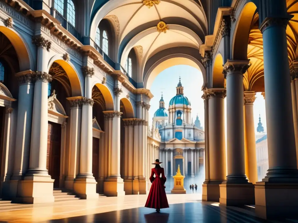 Impresionante pintura acuarela de una fachada barroca detallada, con esculturas y columnas dramáticas