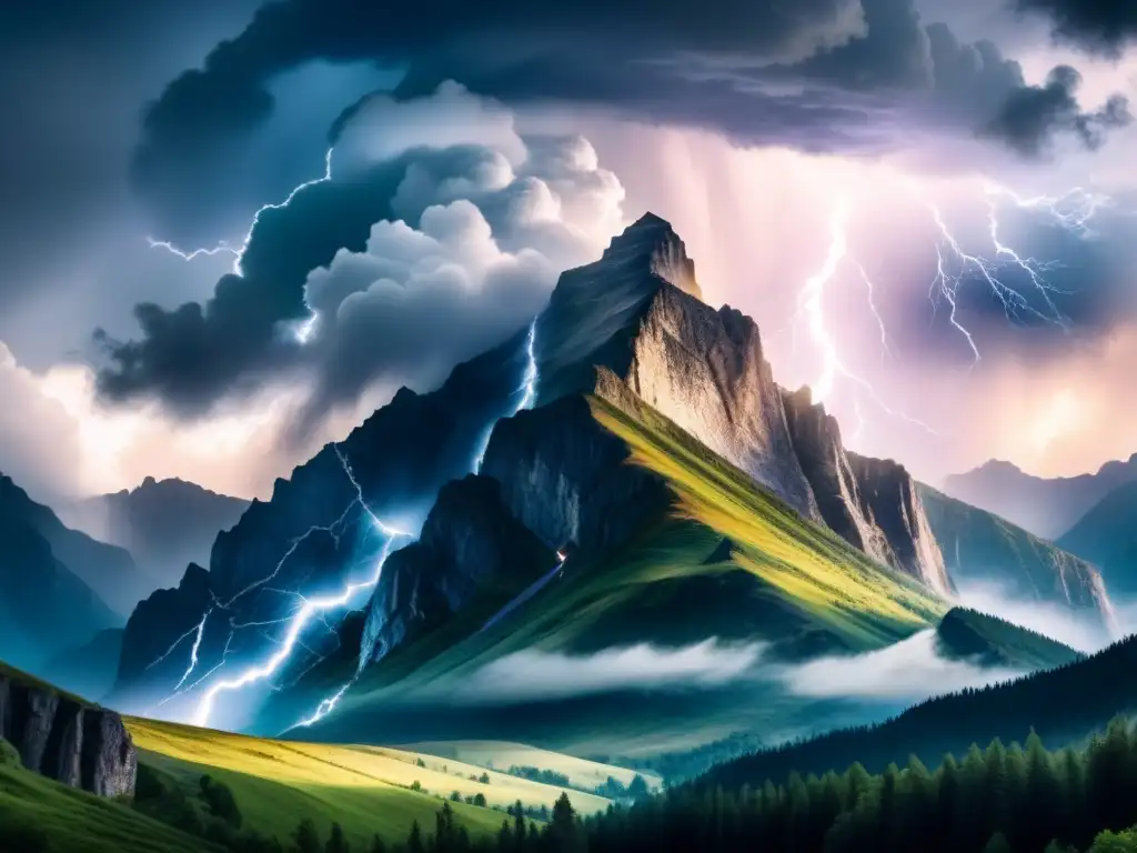 Impresionante pintura acuarela de una tormenta sobre montañas