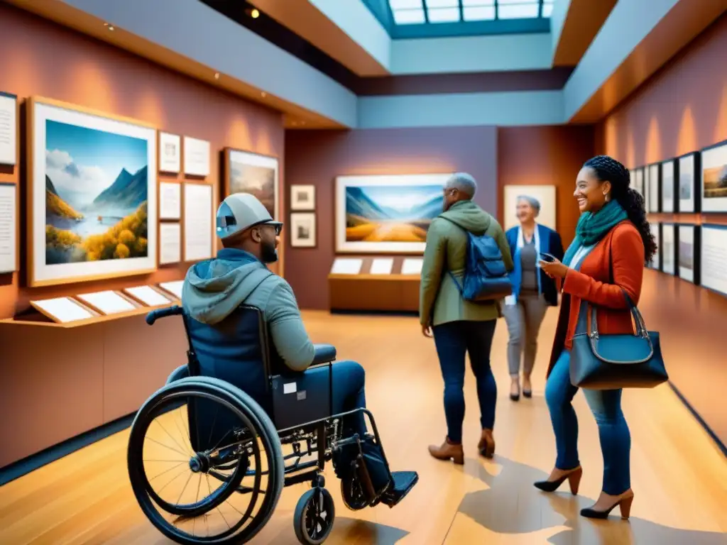 Inclusividad y accesibilidad en museos y galerías: diversidad de personas interactuando alegremente con exhibiciones accesibles