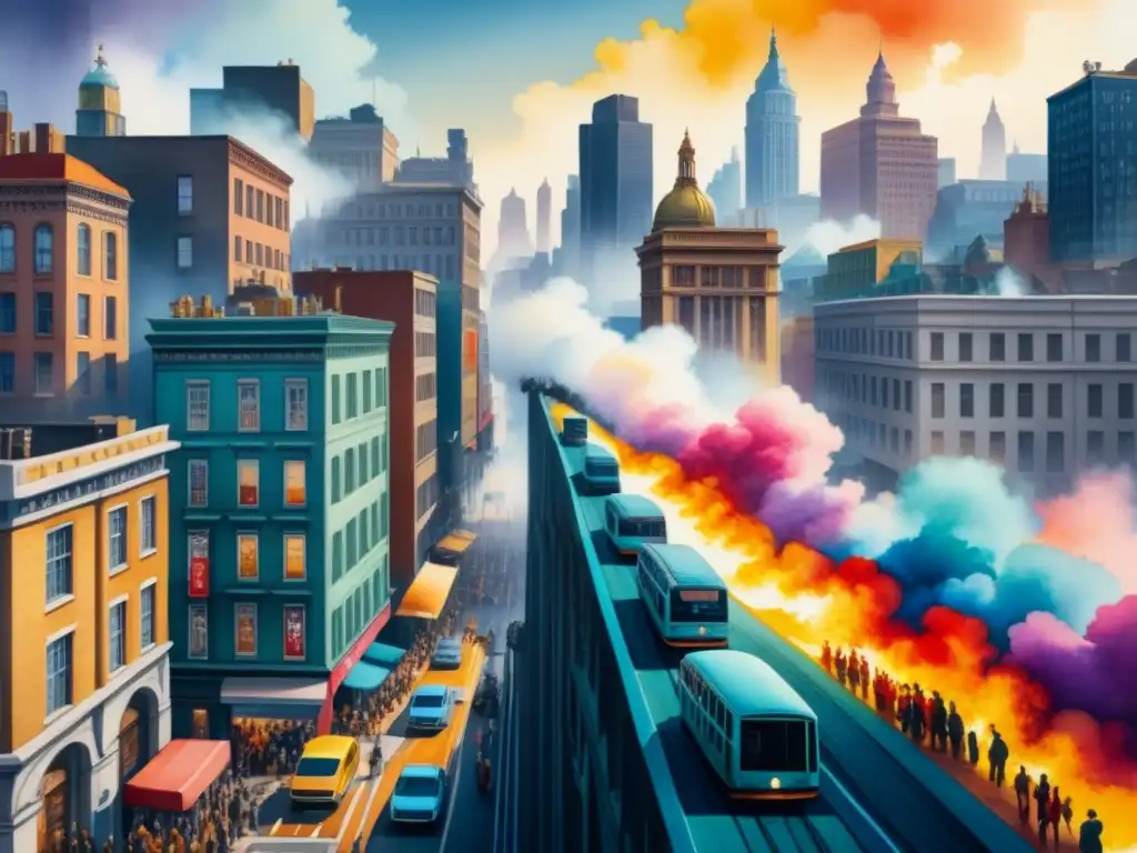 Increíble acuarela detallada de un paisaje urbano vibrante con murales imponentes que narran escenas de activismo y cambio social