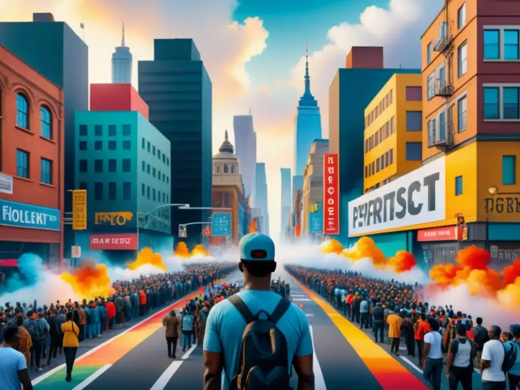 Increíble ilustración acuarela de una ciudad transformada por arte protesta urbano, con murales coloridos y mensajes de cambio social