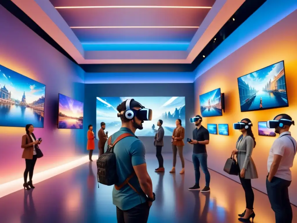 Increíble pintura acuarela de un bullicioso museo con visitantes inmersos en experiencias de realidad virtual