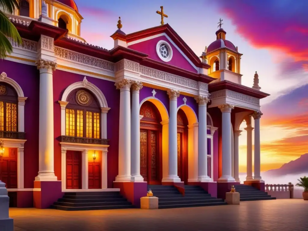 Influencia del Barroco en Latinoamérica: Detalle de iglesia colonial con atardecer vibrante