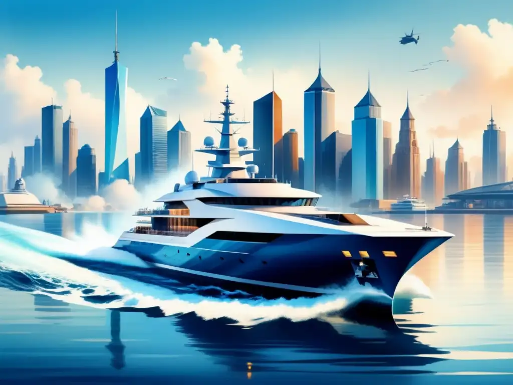 Influencia del modernismo en diseño naval: Ilustración detallada de un elegante y futurista barco deslizándose por aguas tranquilas, con un fondo de una ciudad contemporánea