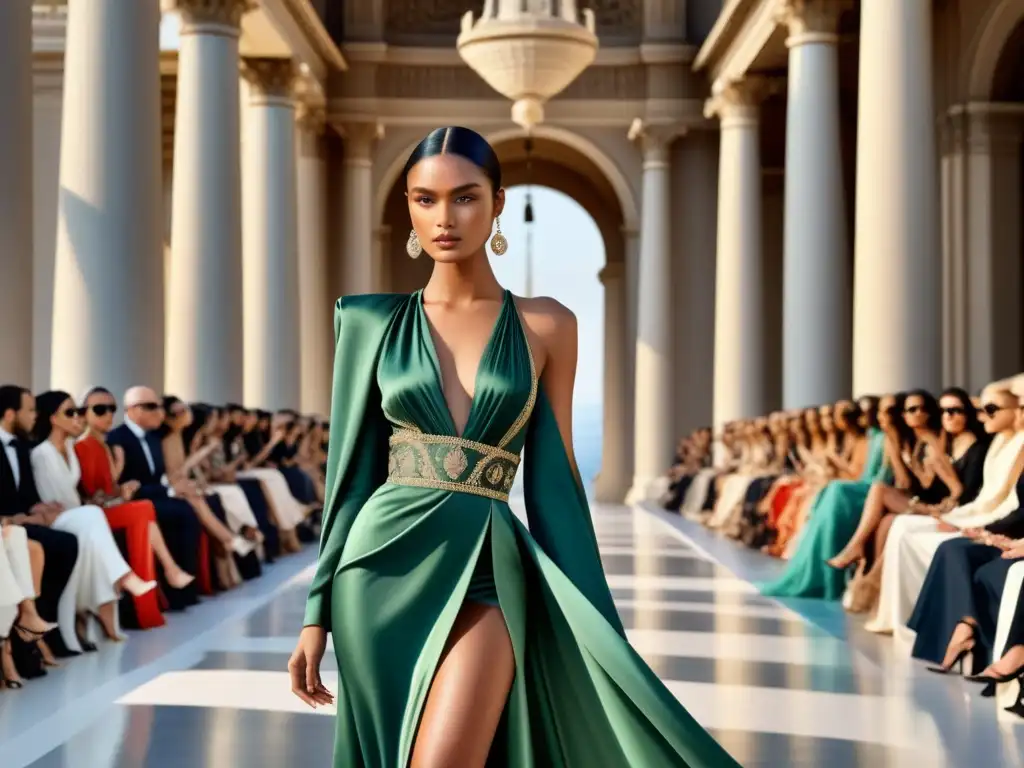 Ilustración neoclásica de moda: diseñador y modelos en pasarela Influencia del Neoclasicismo en diseño: Ilustración detallada de moda neoclásica en una pasarela lujosa