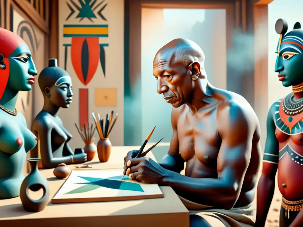 Pablo Picasso inmerso en su estudio, rodeado de esculturas tribales africanas que inspiraron su arte cubista