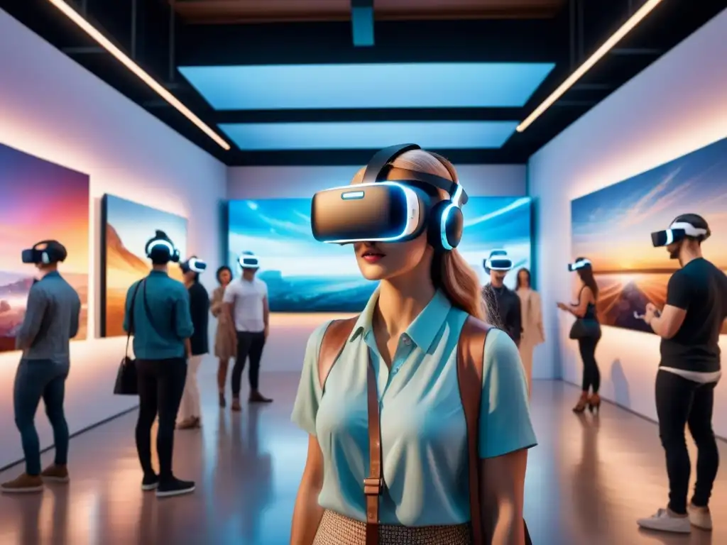 Inmersos en la Realidad Virtual en galerías de arte: una escena vibrante con visitantes y obras tradicionales y digitales