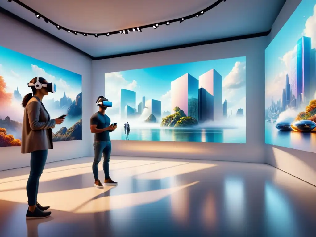 Un innovador museo de arte futurista con visitantes usando auriculares de realidad virtual, interactuando con instalaciones digitales