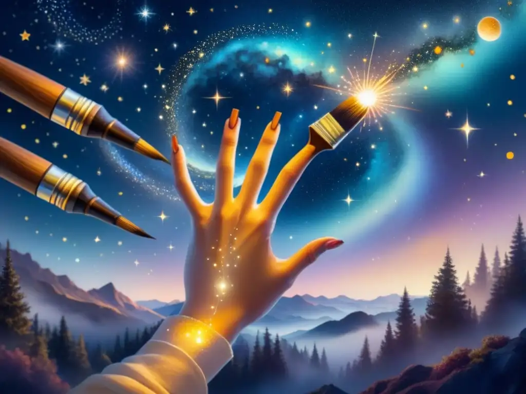 Inspiración artística en astrología: Una pintura acuarela de un cielo nocturno místico lleno de estrellas y constelaciones, fusionándose con la detallada representación de una mano de artista sosteniendo un pincel, guiada por fuerzas cósmicas que parecen bailar a