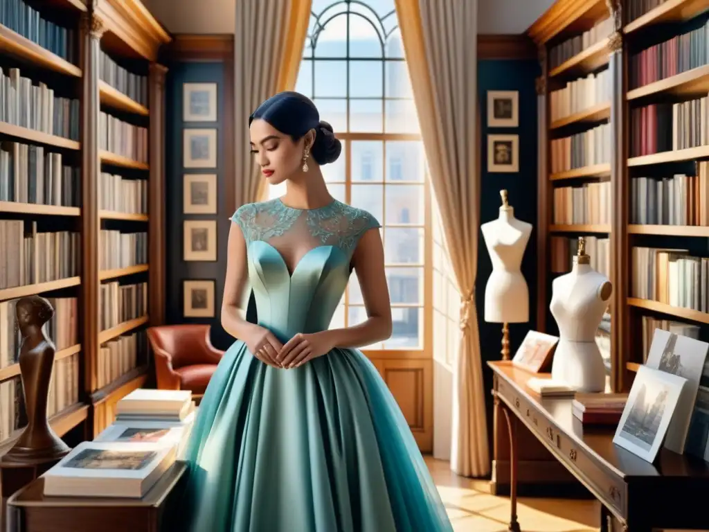 Moderna diseñadora de moda inspirada en el Neoclásico Inspiración Neoclásica: Diseñadora de moda esboza un elegante vestido entre libros de arte y revistas de moda