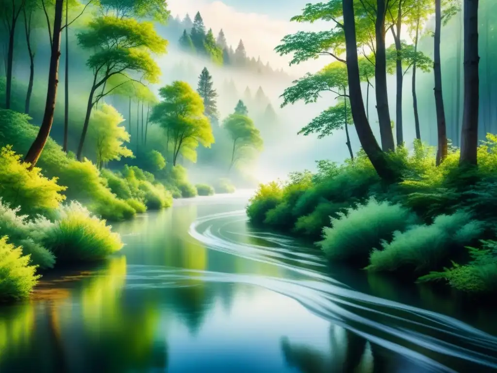 Inspiración ríos arte impresionismo: Pintura acuarela serena de un río tranquilo entre un bosque exuberante y soleado