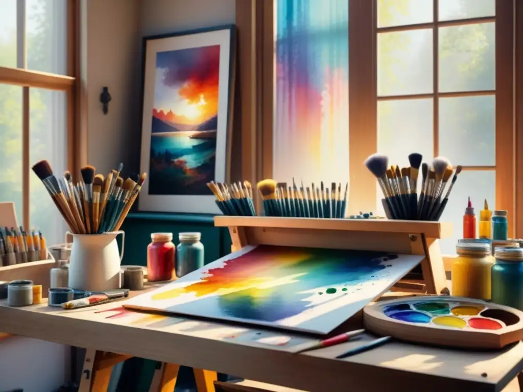 Inspirador proceso creativo en arte visual: estudio del artista lleno de coloridas herramientas y obras en progreso