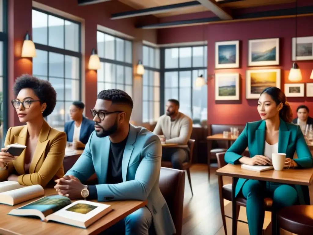 Conversación inspiradora sobre arte en un café acogedor, reflejando la intersección cultural arte visual