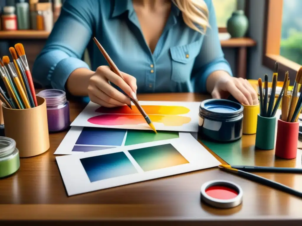 Inspiradora escena de estudiante organizando materiales artísticos en un escritorio de madera