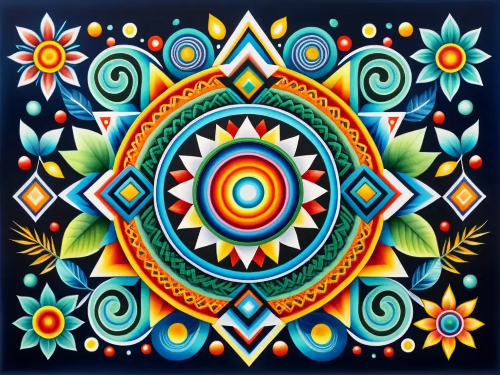 Inspiradora pintura en lana Huichol con símbolos y colores vibrantes, reflejando las Influencias Indígenas en Arte Contemporáneo