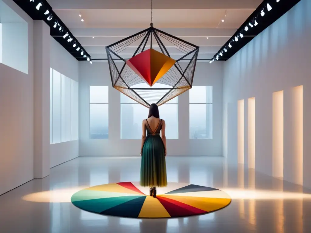 Una instalación de arte contemporáneo con elementos suspendidos y colores vibrantes, en un ambiente minimalista