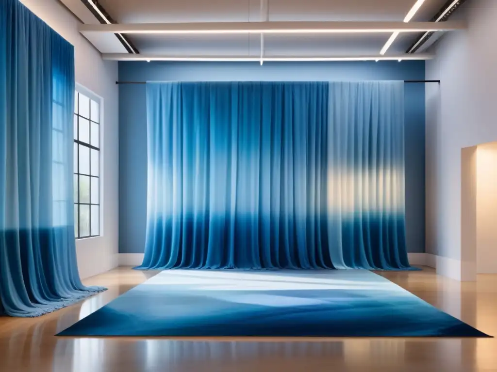 Una instalación de arte inmersiva con cascadas de tela azul en galería contemporánea, evocando tranquilidad y contemplación